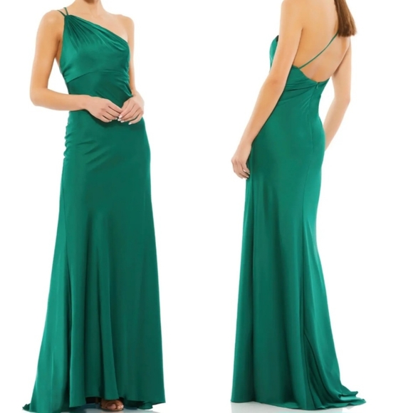 IEENA by Mac Duggal NEW One Shoulder Double Strap Green Satin Gown Maxi Dress 6 - Picture 1 of 10